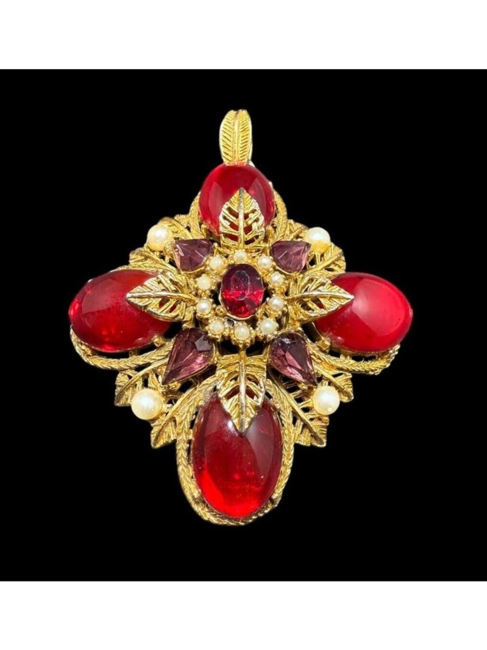Arthur Pepper Statement Red Gripoix Glass Faux Pearl Pendant Gold Tone Signed